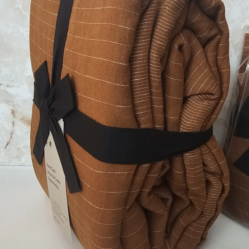 **European Flax Linen Graduated Stripe King Duvet Cover & Euro Shams Amber